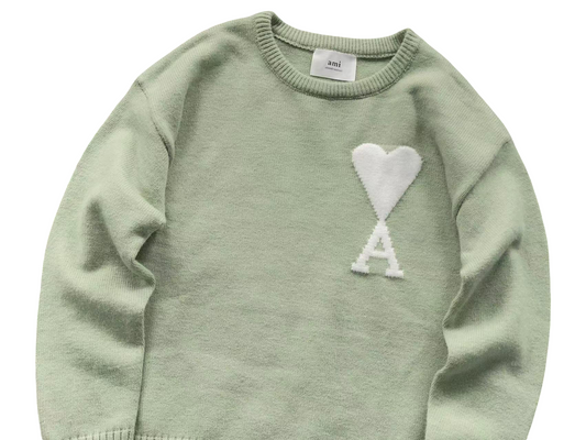 AMI Paris Maxi White Heart Knit Sweater - Mint Crewneck