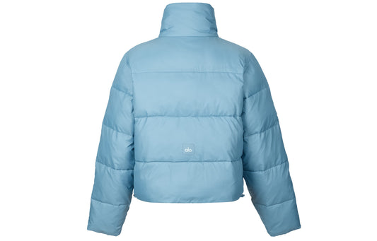 ALO Sky Blue Cropped Puffer Jacket with Stand Collar for Women