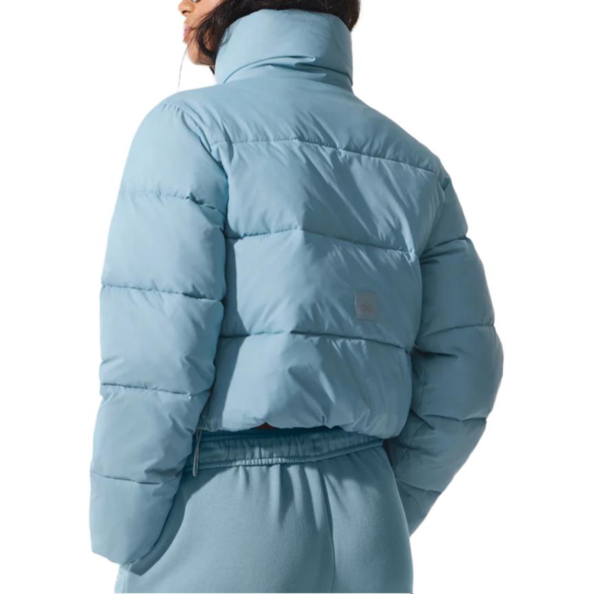 ALO Sky Blue Cropped Puffer Jacket with Stand Collar for Women