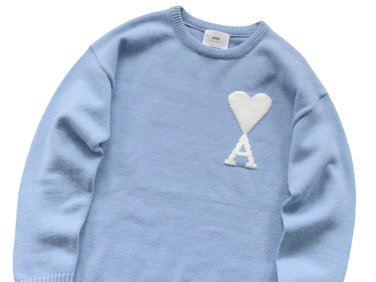 AMI Paris Maxi White Heart Knit Sweater - Blue Crewneck