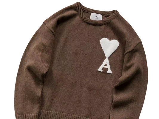 AMI Paris Maxi White Heart Knit Sweater - Brown Crewneck