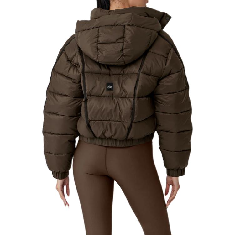 ALO Dark Coffee Cropped Puffer Jacket with Removable Hood for Women