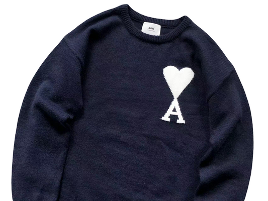 AMI Paris Maxi White Heart Knit Sweater - Navy Crewneck