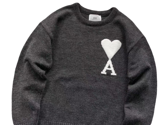 AMI Paris Maxi White Heart Knit Sweater - Anthracite Crewneck