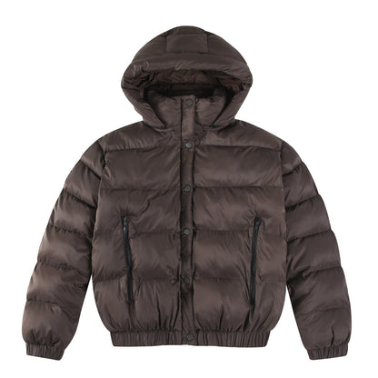 ALO Dark Coffee Cropped Puffer Jacket with Removable Hood for Women