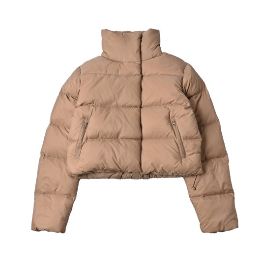 ALO Khaki Cropped Puffer Jacket with Stand Collar for Women