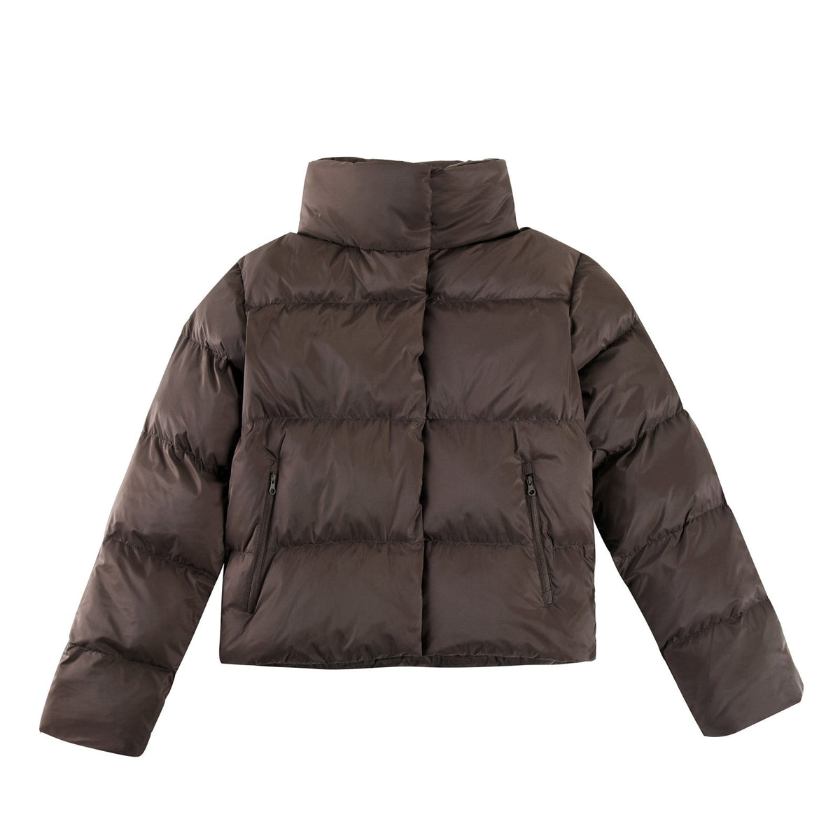 ALO Coffee Cropped Puffer Jacket with Stand Collar for Women