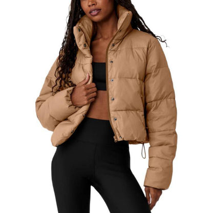 ALO Khaki Cropped Puffer Jacket with Stand Collar for Women