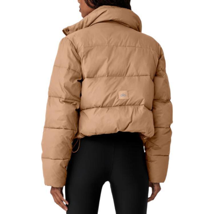 ALO Khaki Cropped Puffer Jacket with Stand Collar for Women