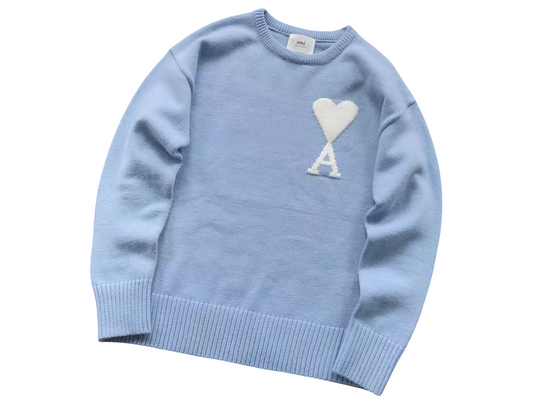 AMI Paris Maxi White Heart Knit Sweater - Blue Crewneck