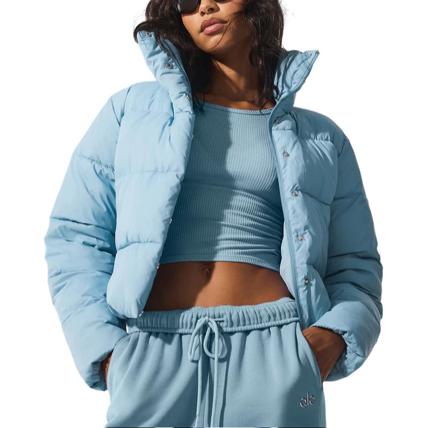 ALO Sky Blue Cropped Puffer Jacket with Stand Collar for Women