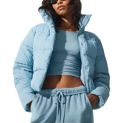 ALO Sky Blue Cropped Puffer Jacket with Stand Collar for Women