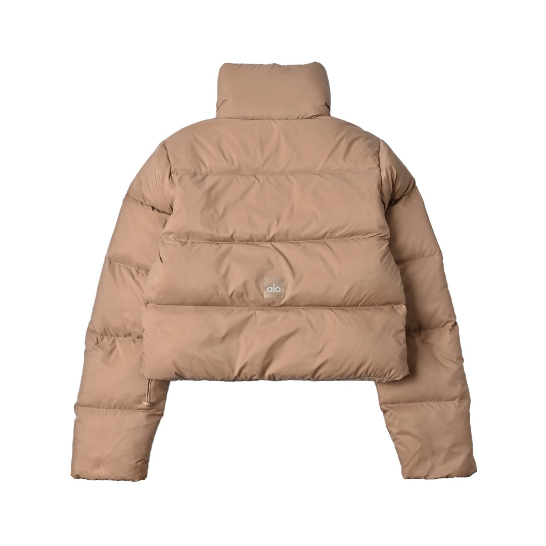 ALO Khaki Cropped Puffer Jacket with Stand Collar for Women