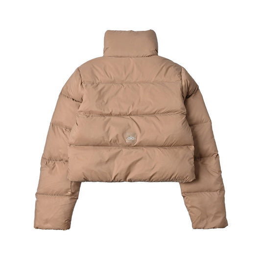 ALO Khaki Cropped Puffer Jacket with Stand Collar for Women