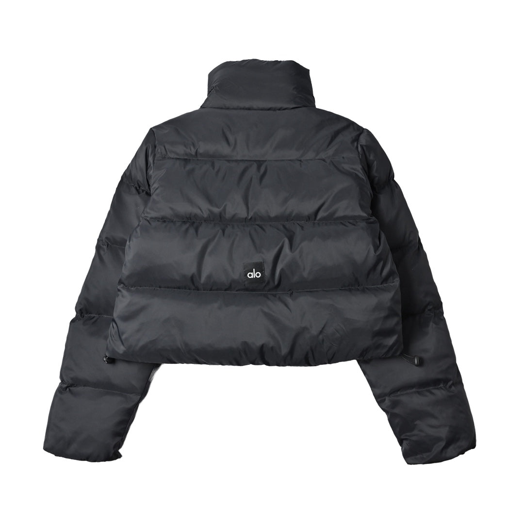 ALO Black Cropped Puffer Jacket with Stand Collar for Women