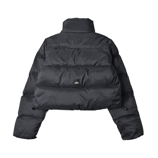 ALO Black Cropped Puffer Jacket with Stand Collar for Women