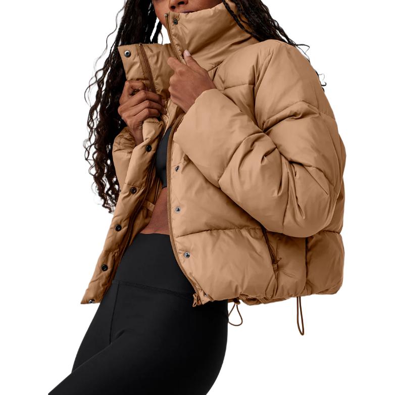 ALO Khaki Cropped Puffer Jacket with Stand Collar for Women