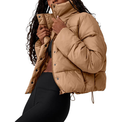 ALO Khaki Cropped Puffer Jacket with Stand Collar for Women