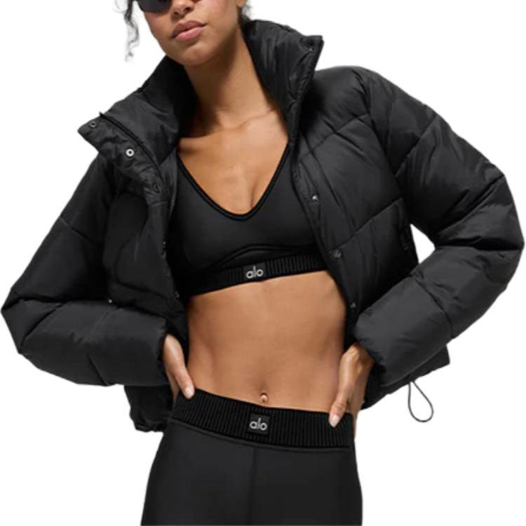 ALO Black Cropped Puffer Jacket with Stand Collar for Women