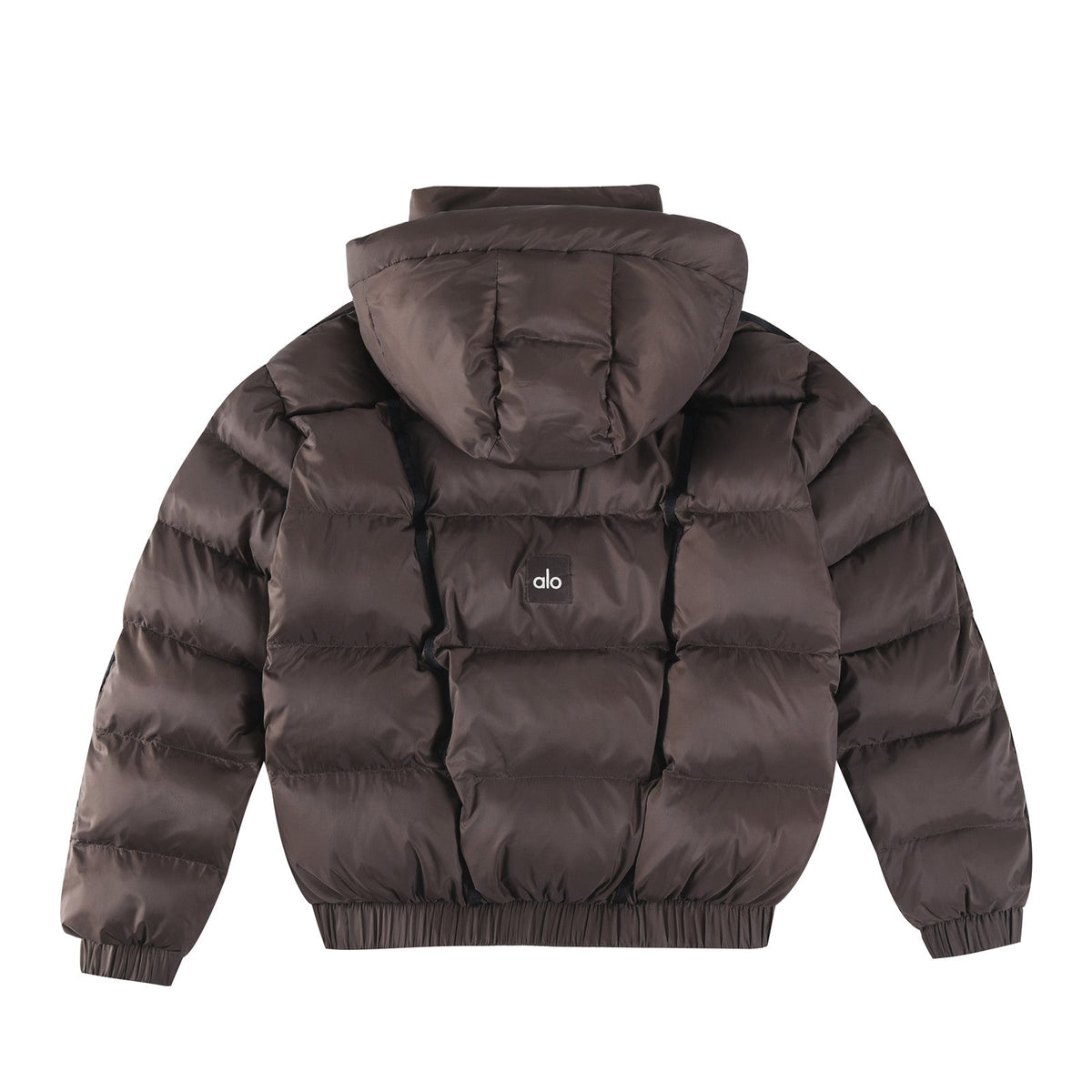 ALO Dark Coffee Cropped Puffer Jacket with Removable Hood for Women