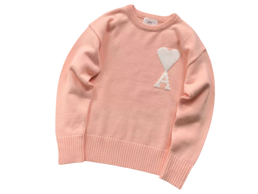 AMI Paris Maxi White Heart Knit Sweater - Pink Crewneck