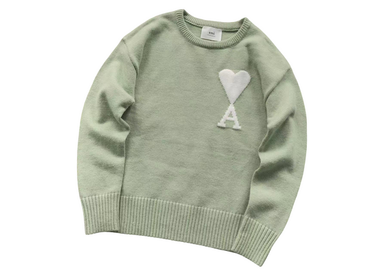 AMI Paris Maxi White Heart Knit Sweater - Mint Crewneck