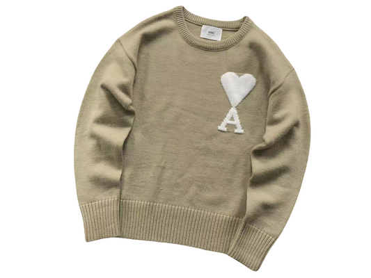 AMI Paris Maxi White Heart Knit Sweater - Sand Crewneck