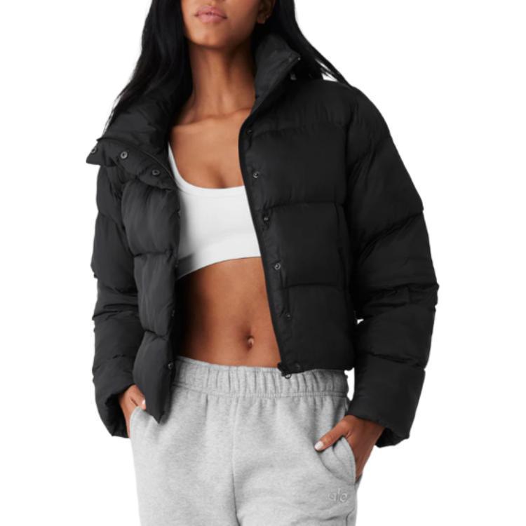 ALO Black Cropped Puffer Jacket with Stand Collar for Women
