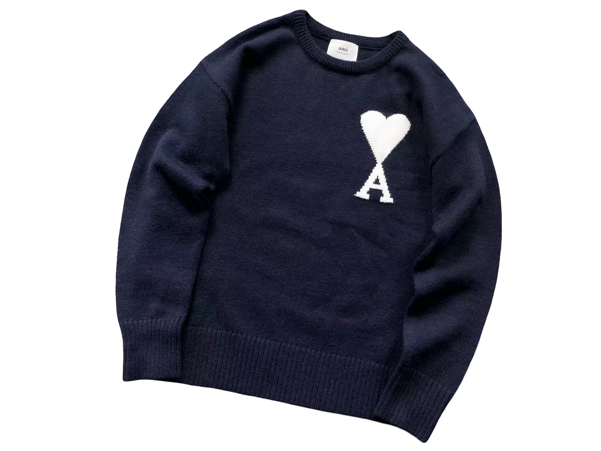 AMI Paris Maxi White Heart Knit Sweater - Navy Crewneck