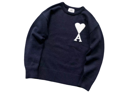 AMI Paris Maxi White Heart Knit Sweater - Navy Crewneck