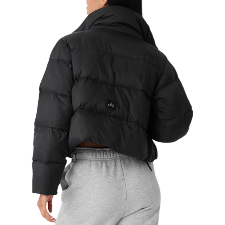 ALO Black Cropped Puffer Jacket with Stand Collar for Women