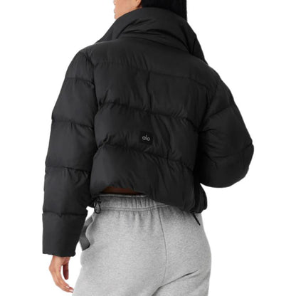 ALO Black Cropped Puffer Jacket with Stand Collar for Women