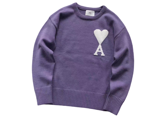 AMI Paris Maxi White Heart Knit Sweater - Purple Crewneck