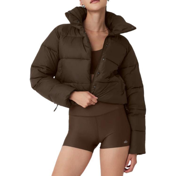 ALO Coffee Cropped Puffer Jacket with Stand Collar for Women