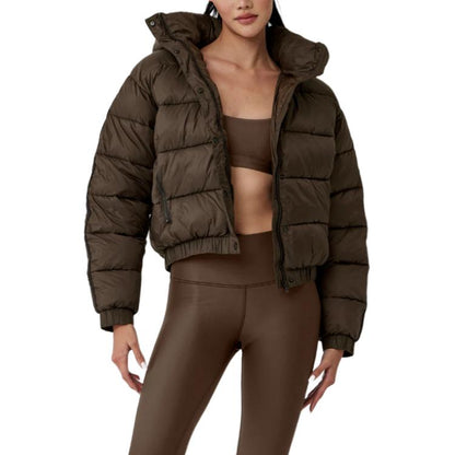 ALO Dark Coffee Cropped Puffer Jacket with Removable Hood for Women