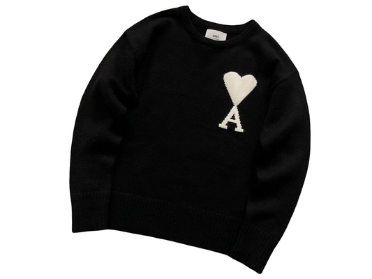 AMI Paris Maxi White Heart Knit Sweater - Black Crewneck