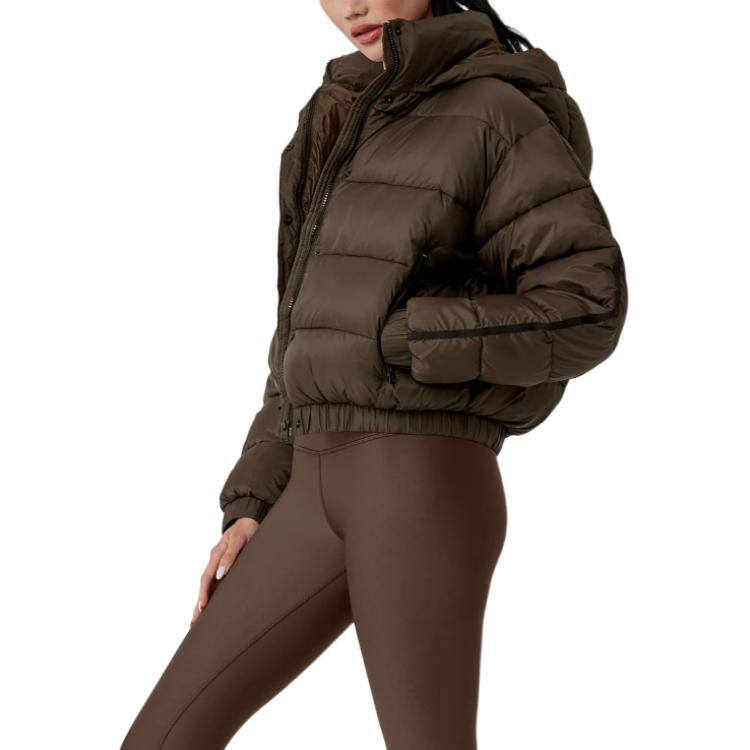 ALO Dark Coffee Cropped Puffer Jacket with Removable Hood for Women
