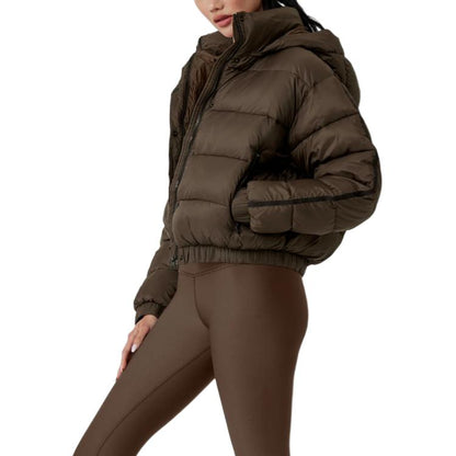 ALO Dark Coffee Cropped Puffer Jacket with Removable Hood for Women