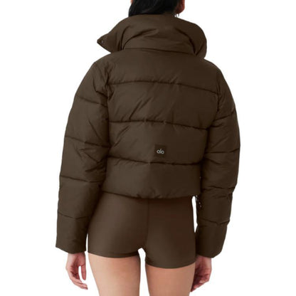 ALO Coffee Cropped Puffer Jacket with Stand Collar for Women