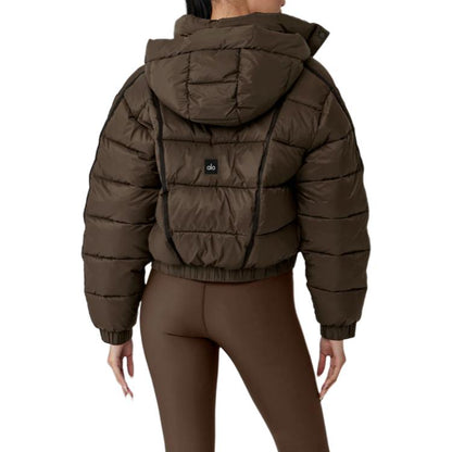 ALO Dark Coffee Cropped Puffer Jacket with Removable Hood for Women