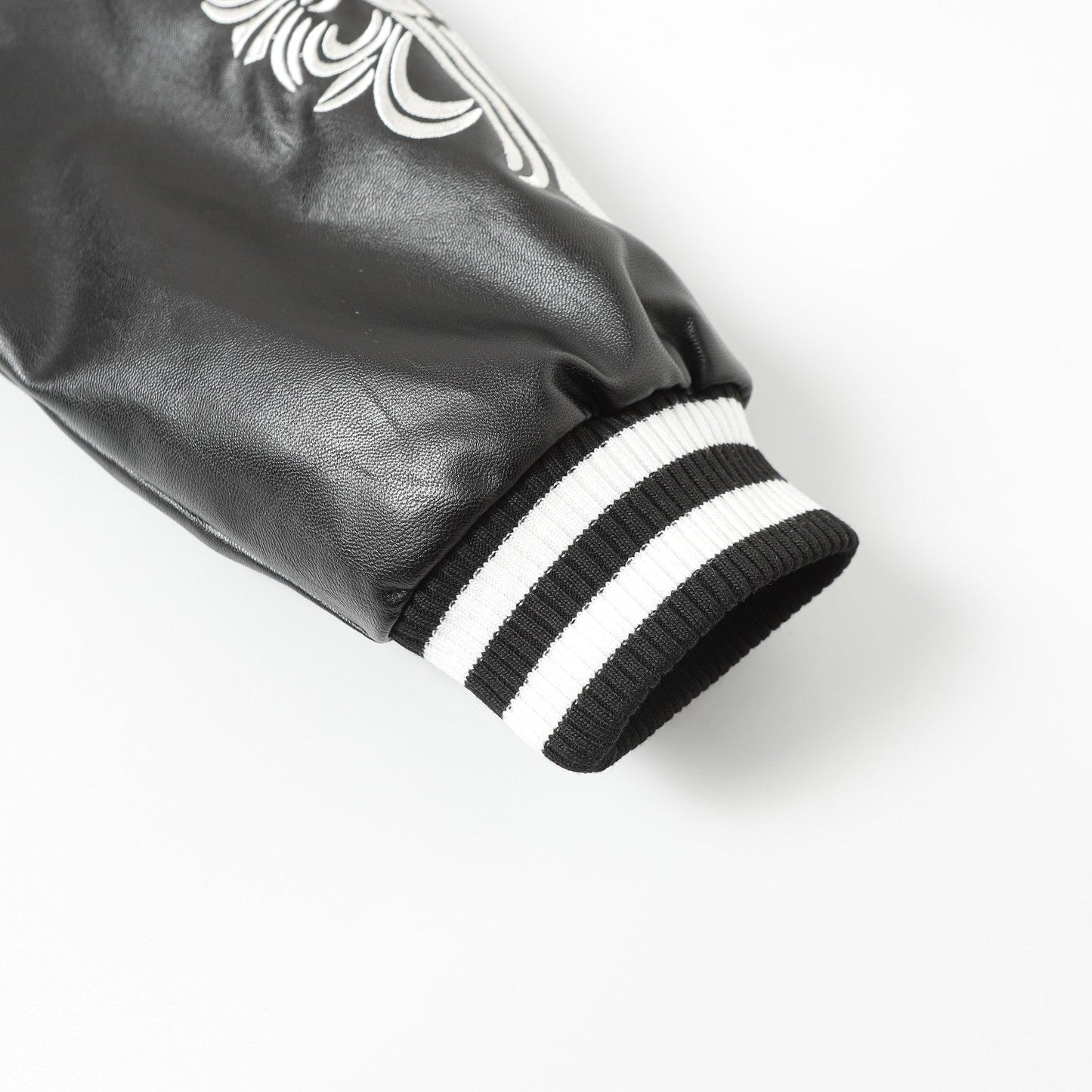 Cross Embroidered Leather Sleeve Varsity Jacket - Black Street Style 116