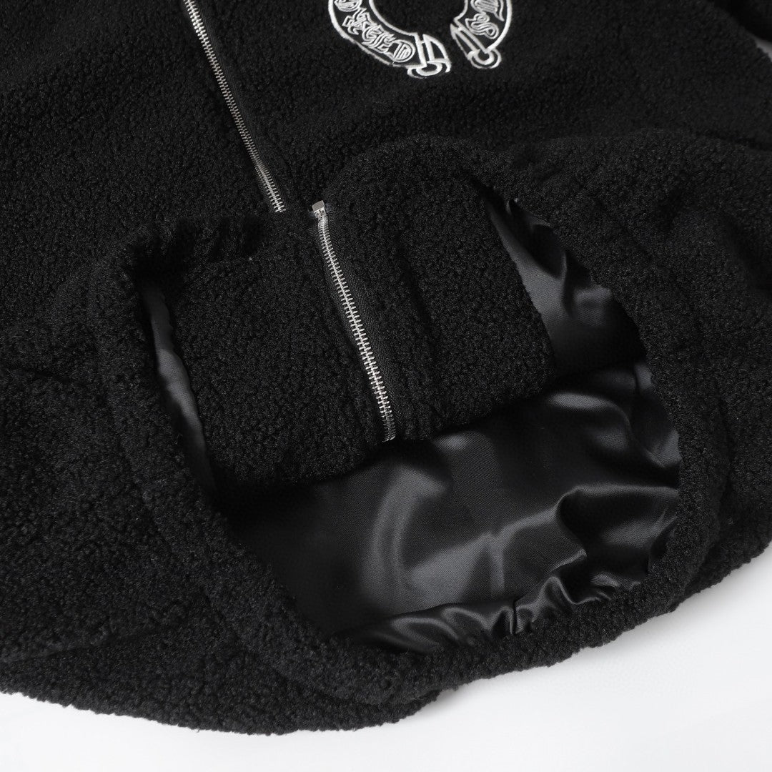Horseshoe Embroidered Sherpa Jacket - Black Cream Gothic Coat 825
