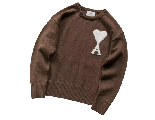 AMI Paris Maxi White Heart Knit Sweater - Brown Crewneck