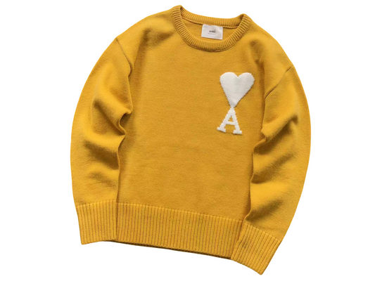 AMI Paris Maxi White Heart Knit Sweater - Yellow Crewneck