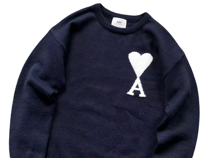 AMI Paris Maxi White Heart Knit Sweater - Navy Crewneck