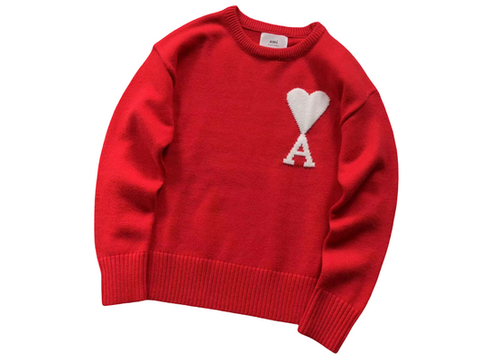 AMI Paris Maxi White Heart Knit Sweater - Red Crewneck