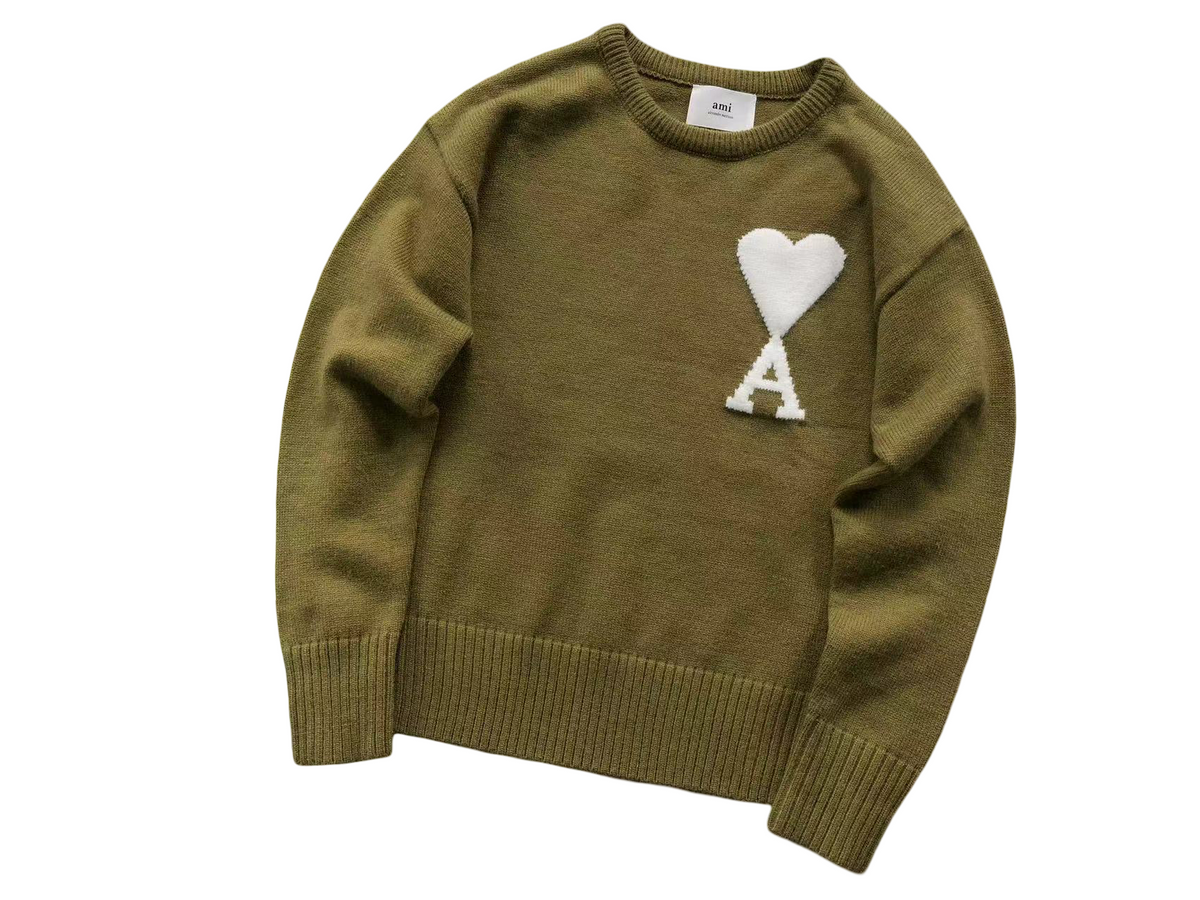 AMI Paris Maxi White Heart Knit Sweater - Khaki Crewneck