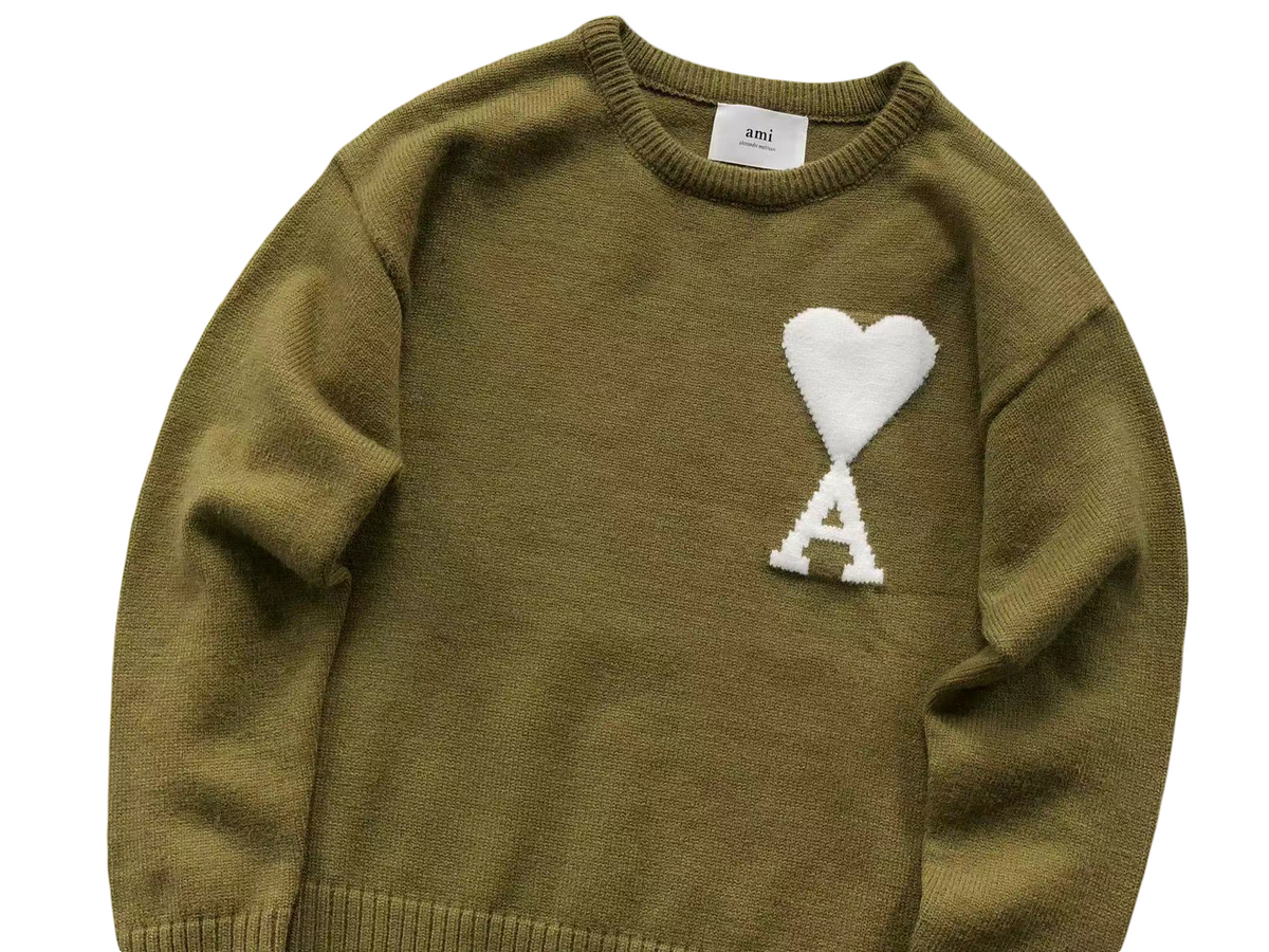 AMI Paris Maxi White Heart Knit Sweater - Khaki Crewneck