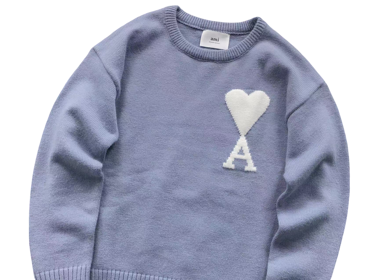 AMI Paris Maxi White Heart Knit Sweater - Lavender Crewneck