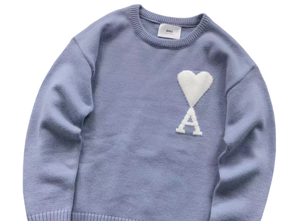AMI Paris Maxi White Heart Knit Sweater - Lavender Crewneck